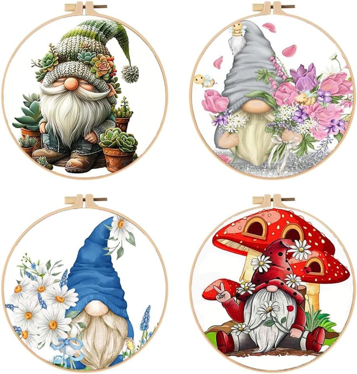 4 Pack Stamped Cross Stitch Kits for Adults with Frame - Gnome Flower Embroidery Kits for Beginners Adults